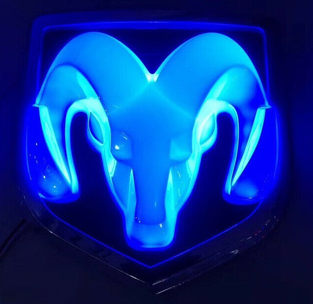 LED Blue Ram Head Grille Emblem 09-18 Dodge Ram, 19-up Classic - Click Image to Close